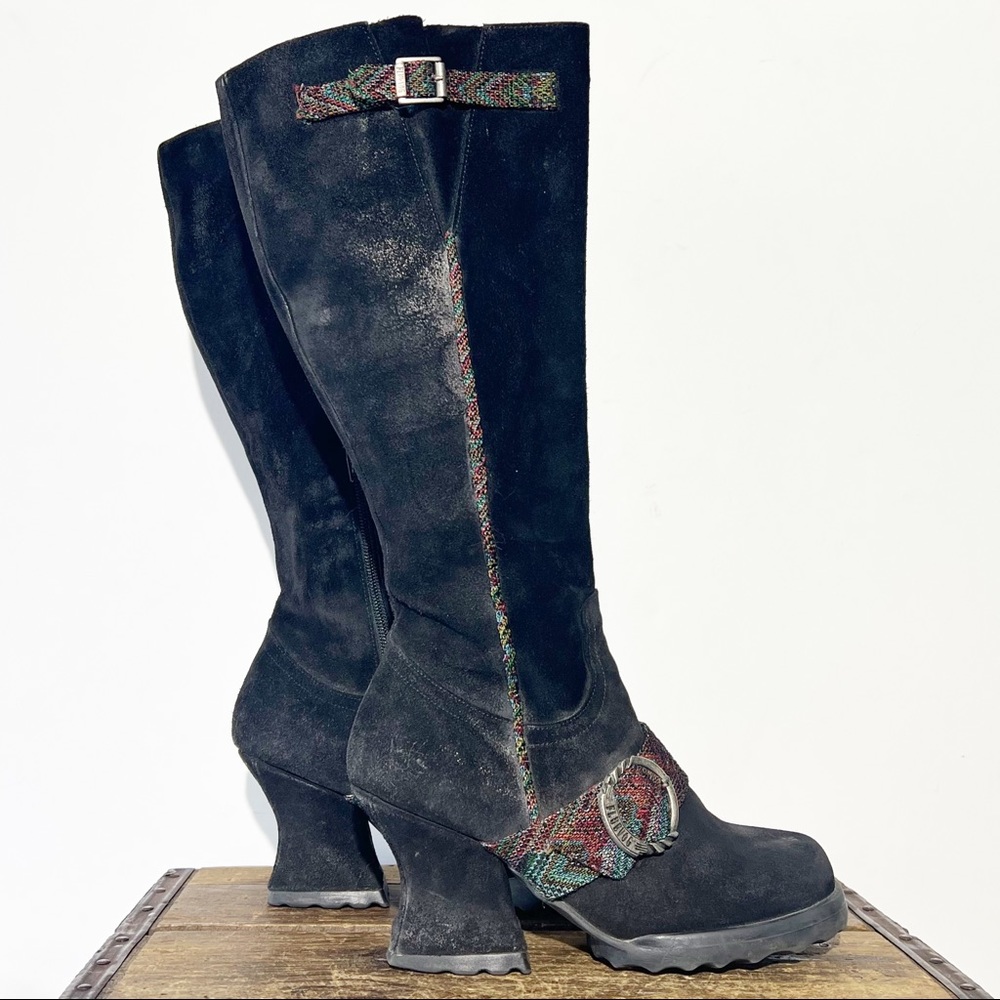 JOHN FLUEVOG boot black suede tall buckle adjustable heel US 7.5